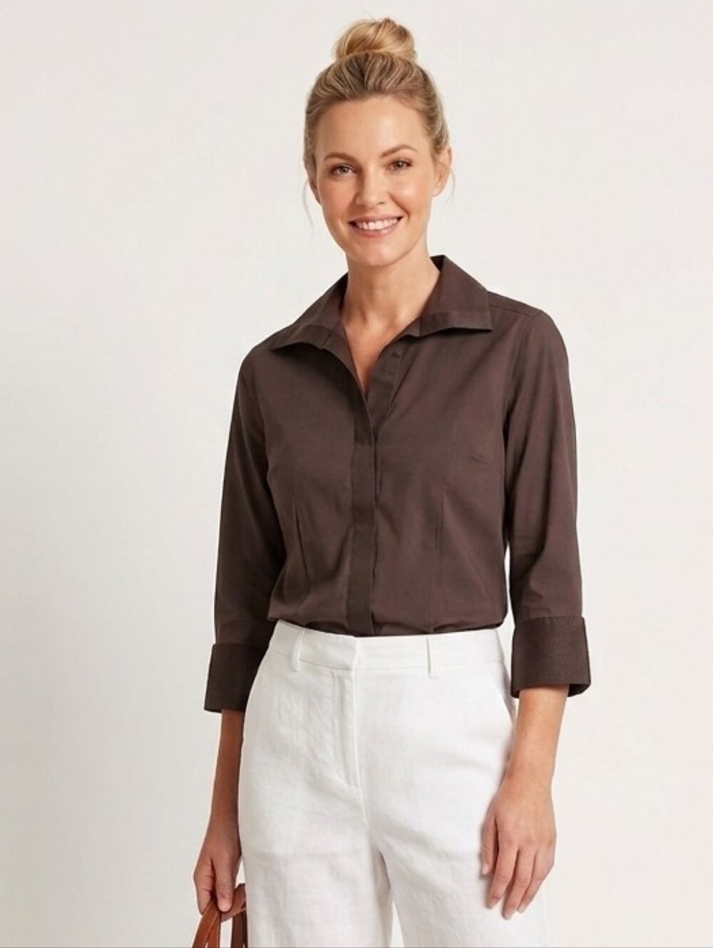Talbots Petites Brown Wrinkle Resistant Button Down Shirt 10P